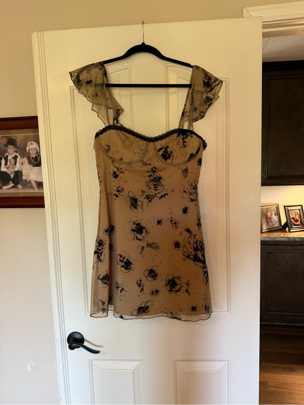 Showpo Beige Mini Slip Dress with Black Floral Print